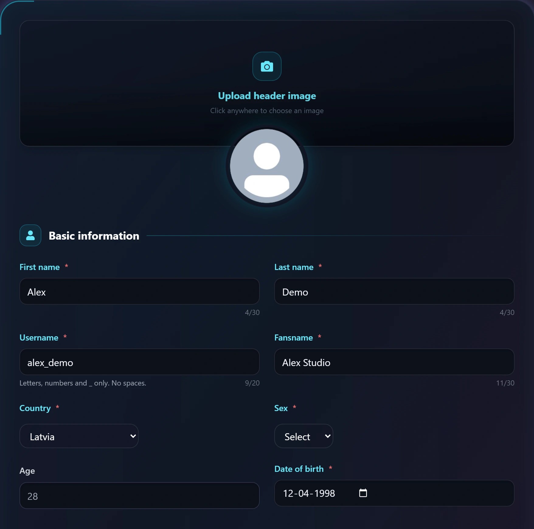 XFansPlus complete your profile interface with illustrative demo details