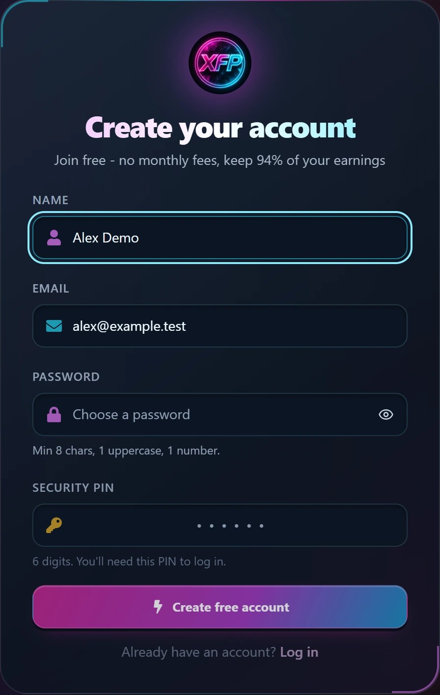 XFansPlus create your account interface with illustrative demo details